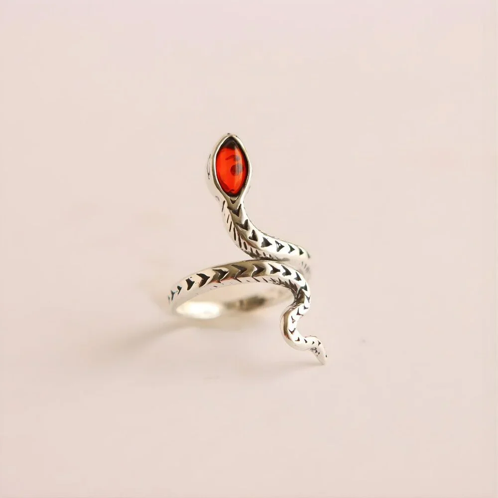 Baltic Cherry Amber Snake Ring in Sterling Silver - Picture 1 of 5